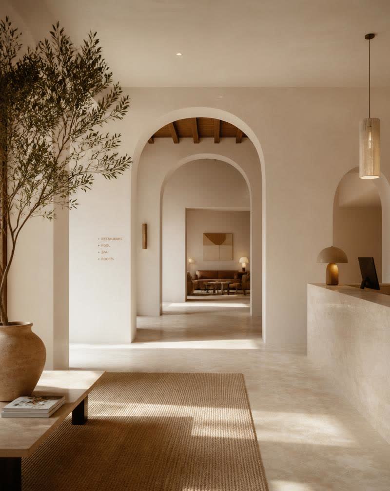 Minimal hotel lobby with arched walkways and warm natural light
