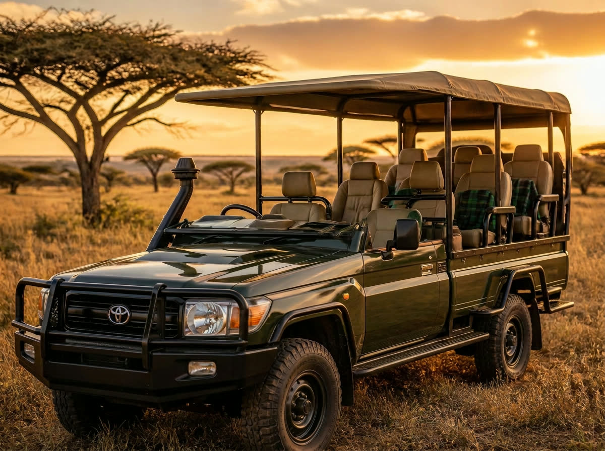 Open-sided safari game drive vehicle on the savannah at golden hour