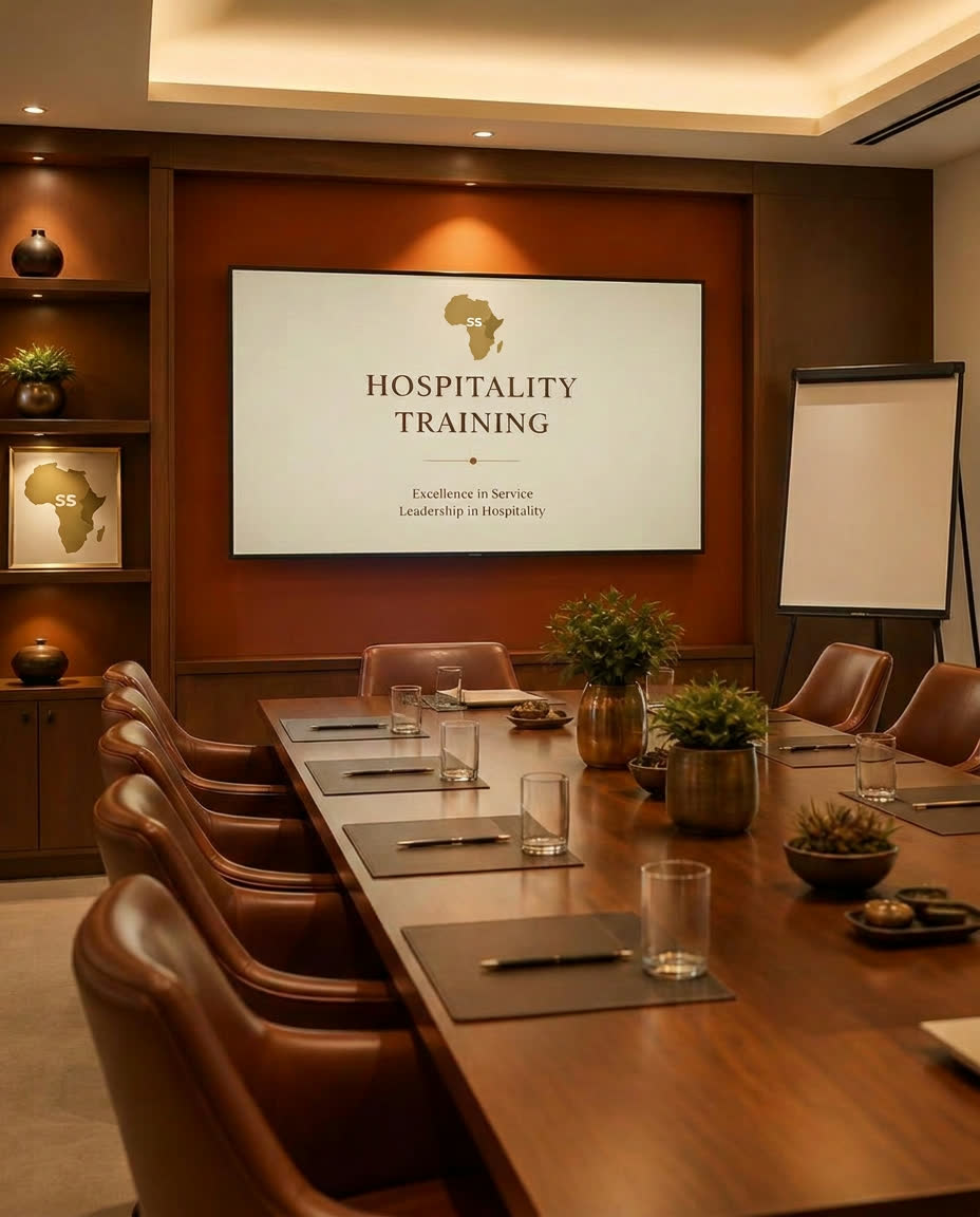 Warmly lit hospitality training boardroom with leather chairs