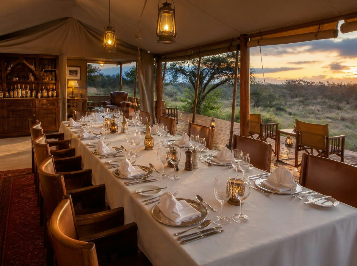 Luxury wilderness tented camp with a full professional restaurant table setting at sunset